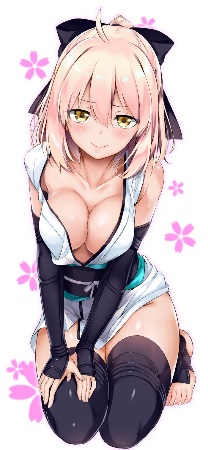ahoge, black_legwear, blush, bow, breasts, cleavage, closed_mouth, collarbone