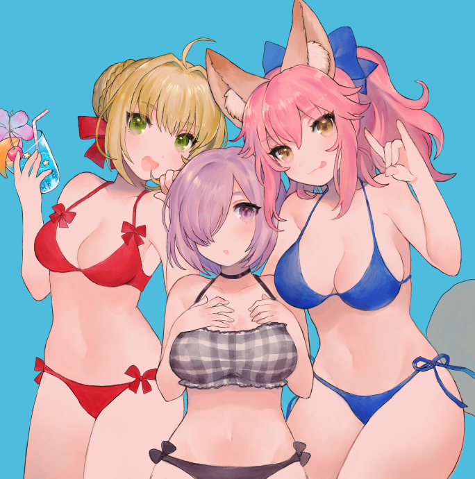 3girls, :d, :o, :q, ahoge, animal_ears, bangs, bikini