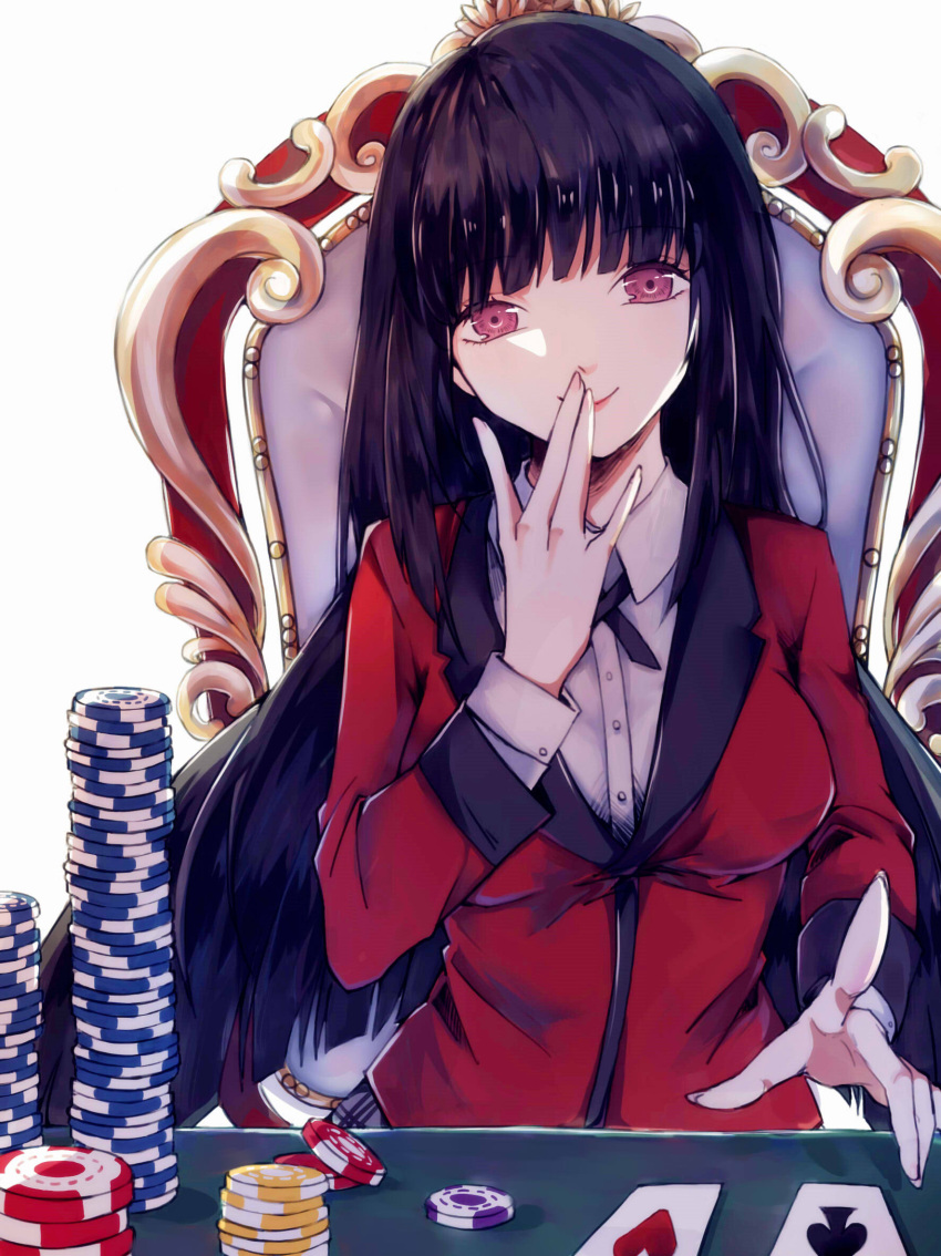 1girl, black_hair, black_ribbon, blush, breasts, card, chair, commentary_request