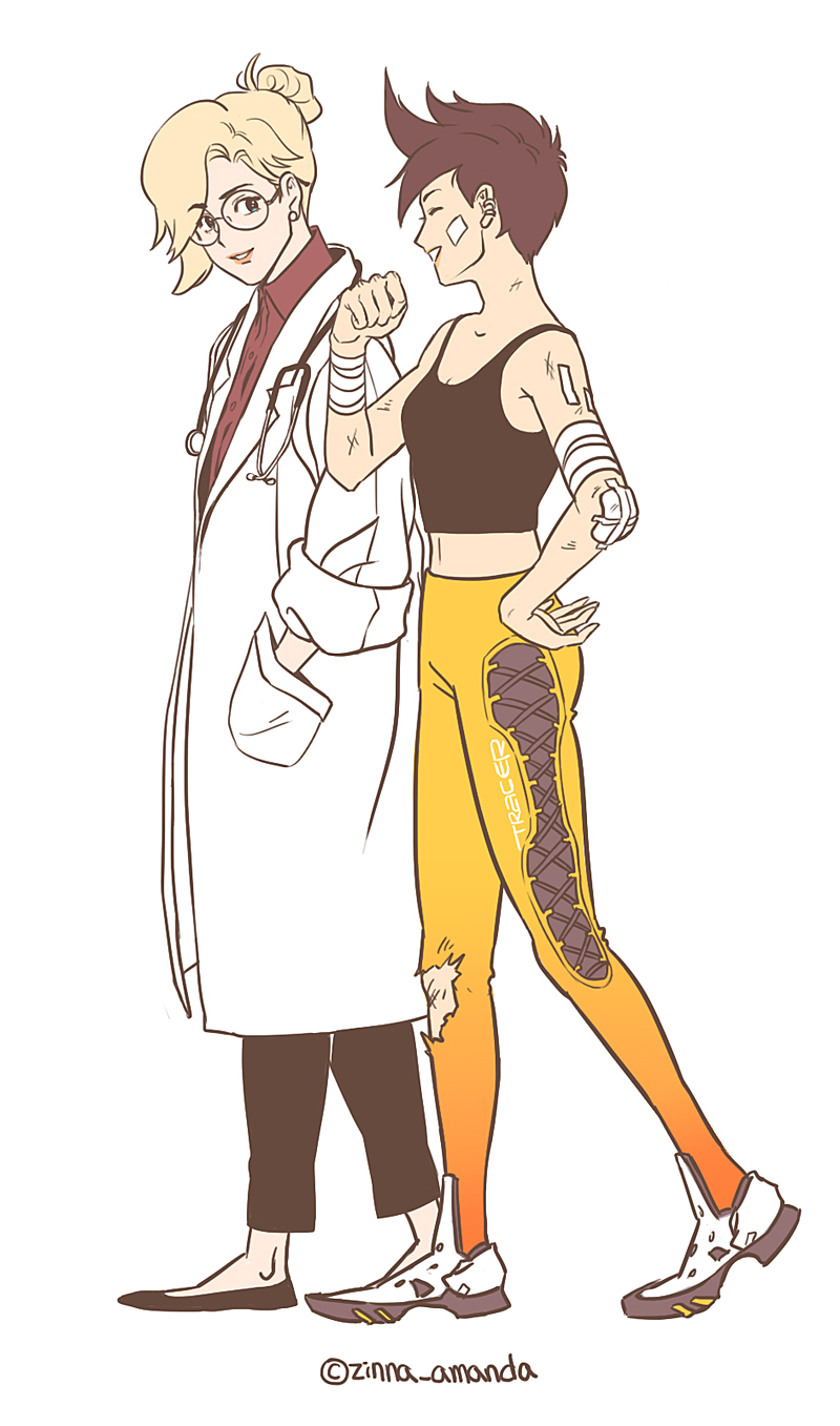 2girls, alternate_hairstyle, amanda_zinna, bandage, bandaged_arms, bandaid, bandaid_on_cheek, bandaid_on_face