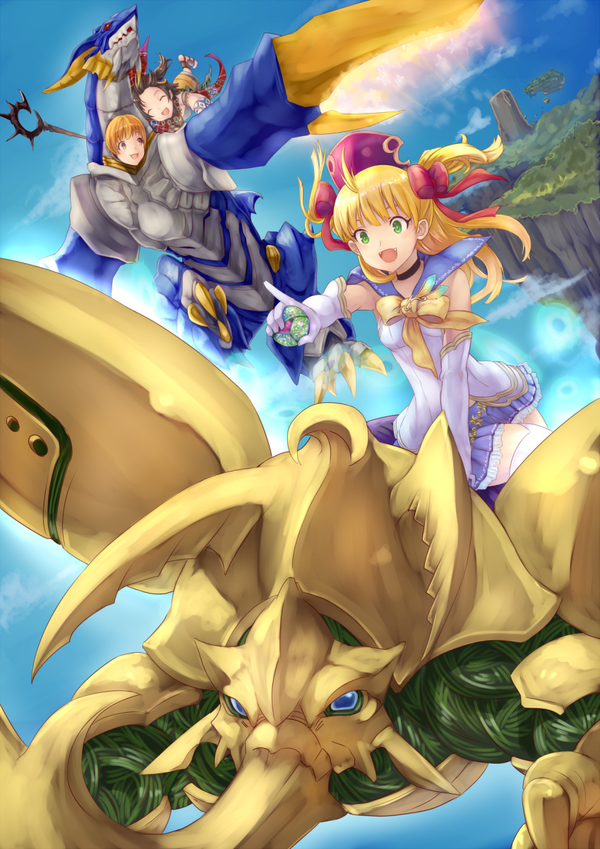 3girls, :d, akagi_miria, black_choker, blonde_hair, blue_sailor_collar, blue_skirt, bow, brown_hair, character_request, cosplay, crossover, dragon, elbow_gloves, gloves, green_eyes, hair_bow, highres, hirow_(mushihime-sama), hirow_(mushihime-sama)_(cosplay), idolmaster, idolmaster_cinderella_girls, insect, jougasaki_rika, kiniro_(mushihime-sama), long_hair, multiple_girls, mushihime-sama, open_mouth, palm_(mushihime-sama), palm_(mushihime-sama)_(cosplay), pointing, reco, reco_(cosplay), red_bow, short_hair, skirt, sky, smile, suzumushi, thigh-highs, two_side_up, white_gloves, white_legwear, yellow_bow