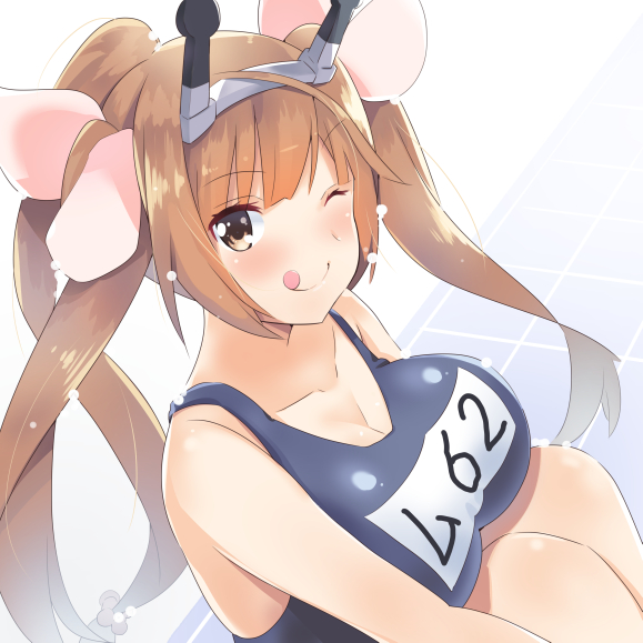 1girl, alternate_eye_color, alternate_hair_length, alternate_hairstyle, blue_swimsuit, blush, breasts, brown_eyes
