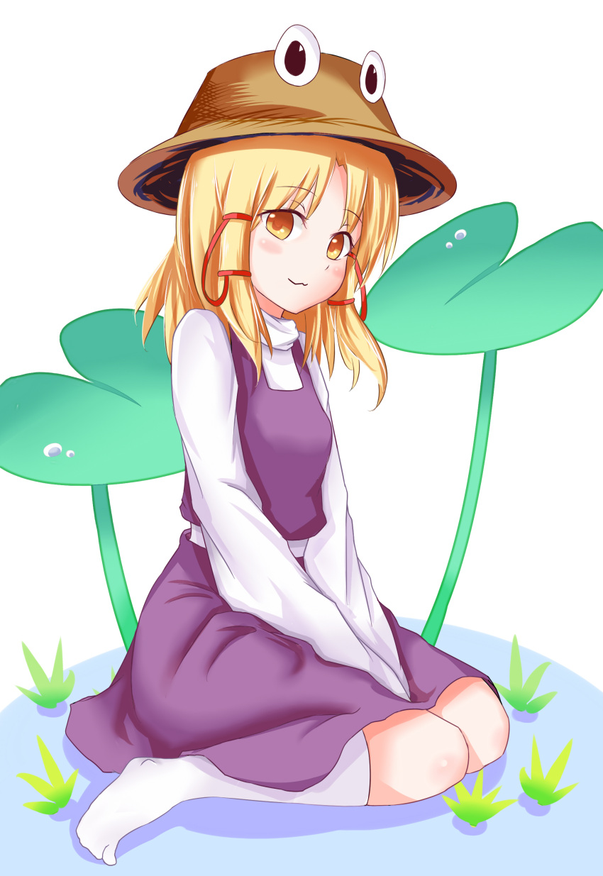 1girl, :3, absurdres, blonde_hair, blush, breasts, closed_mouth, from_side, full_body, hair_ribbon, hat, highres, long_sleeves, looking_at_viewer, looking_to_the_side, moriya_suwako, oaid, purple_skirt, purple_vest, red_ribbon, ribbon, shirt, sitting, skirt, skirt_set, small_breasts, smile, solo, tabi, touhou, tress_ribbon, v_arms, vest, wariza, white_legwear, white_shirt, yellow_eyes