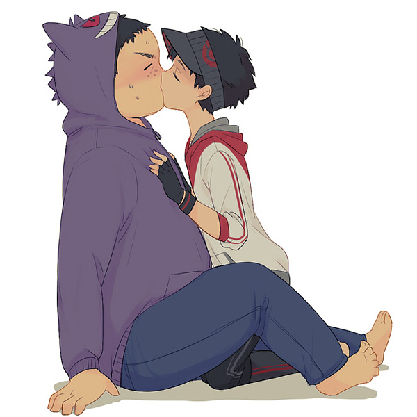 2boys, character_hood, closed_eyes, fat, freckles, full_body, gengar, hood