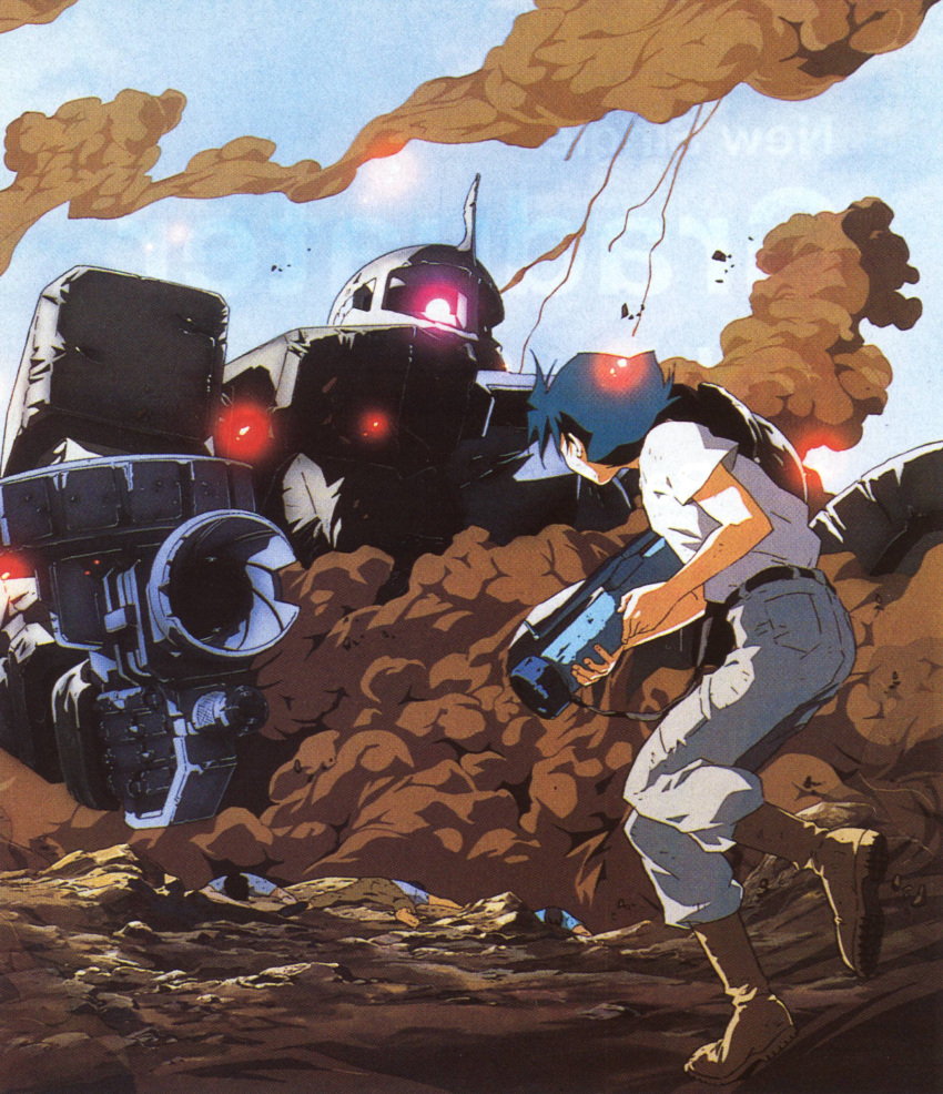 absurdres, battle, blue_hair, boots, corpse, death, dust, dust_cloud, gun, gundam, gundam_08th_ms_team, highres, machine_gun, male, mecha, scan, shiro_amada, short_hair, smoke, solo, war, weapon, zaku, zaku_i
