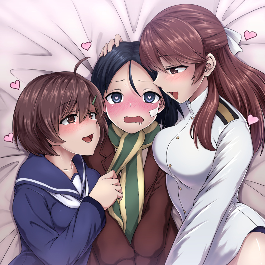 3girls, black_hair, brave_witches, brown_eyes, brown_hair, girl_sandwich, hair_ornament, hairclip