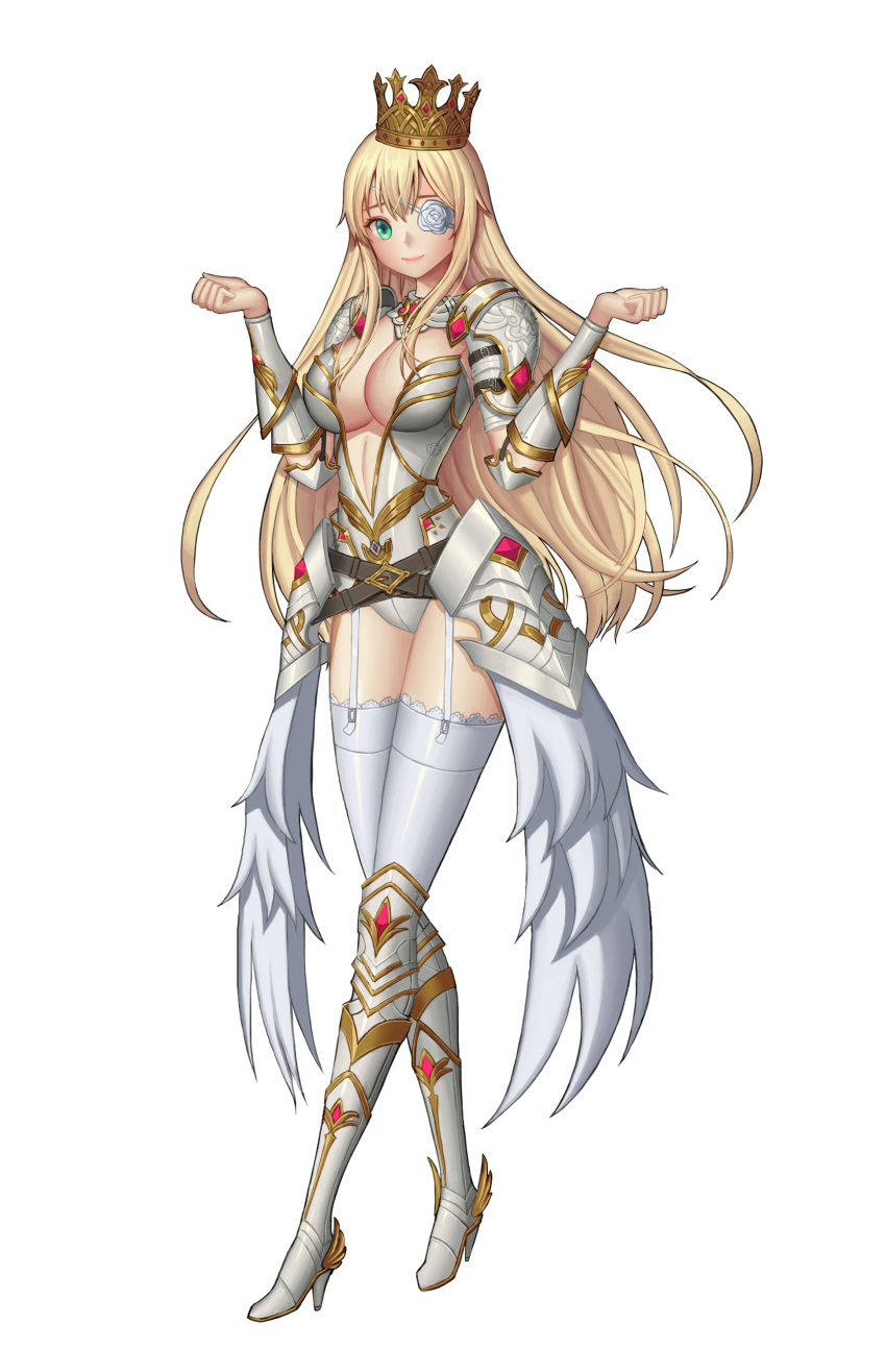 1girl, absurdres, armor, blonde_hair, blush, breasts, cleavage, corgi_(artist)