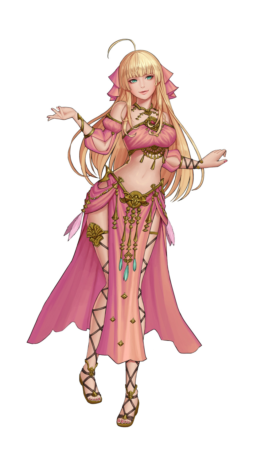 1girl, absurdres, ahoge, blonde_hair, blush, breasts, character_request, commentary_request, corgi_(artist), final_fantasy, final_fantasy_xiv, full_body, green_eyes, highres, large_breasts, long_hair, looking_at_viewer, nail_polish, navel, red_nails, smile, solo