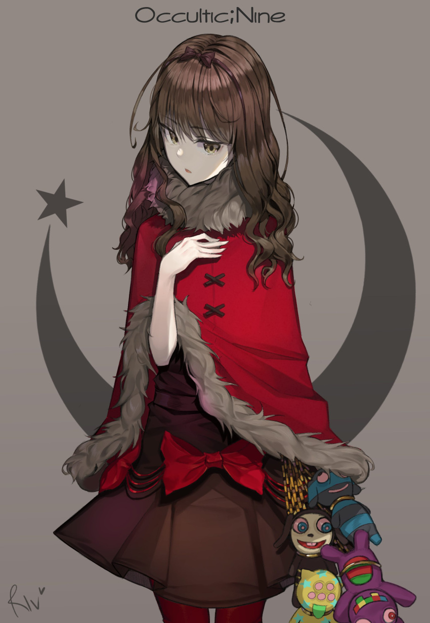 1girl, absurdres, bangs, bow, brown_eyes, brown_hair, capelet, crescent