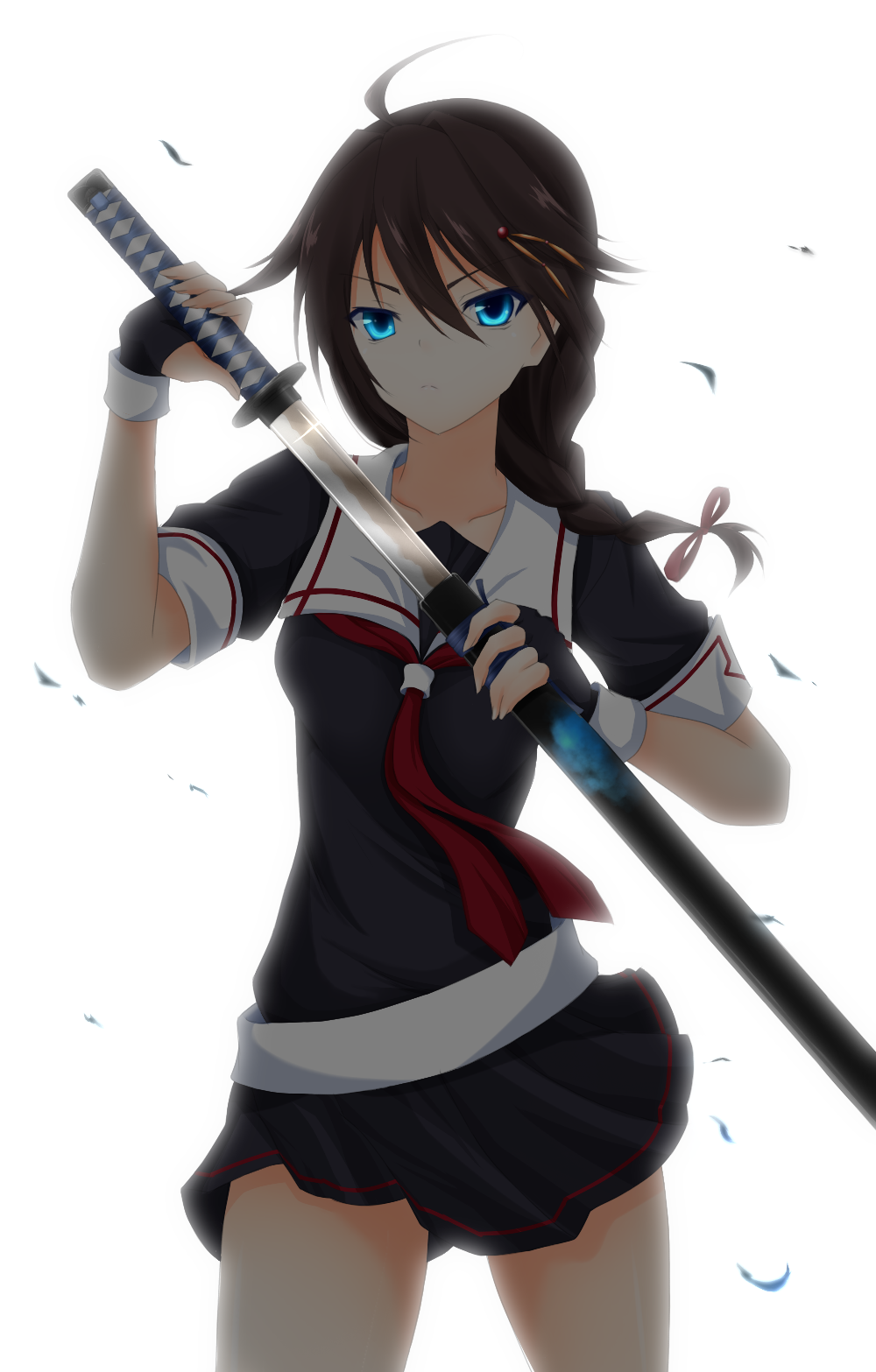 >:c, 10s, 1girl, ahoge, backlighting, bangs, black_gloves, black_serafuku, black_skirt, blue_eyes, braid, brown_hair, closed_mouth, collarbone, commentary_request, cowboy_shot, denpa_(denpae29), fingerless_gloves, fingernails, glint, gloves, hair_between_eyes, hair_flaps, hair_ornament, hair_over_shoulder, hair_ribbon, highres, holding, holding_sheath, holding_sword, holding_weapon, kantai_collection, katana, legs_apart, long_hair, looking_at_viewer, miniskirt, neckerchief, pleated_skirt, red_neckerchief, red_ribbon, remodel_(kantai_collection), ribbon, scabbard, school_uniform, serafuku, serious, sheath, shigure_(kantai_collection), short_sleeves, single_braid, skirt, solo, standing, sword, unsheathing, weapon, white_background, wind