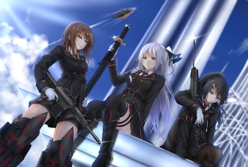 3girls, aircraft, amagiri_tsukuyo, bangs, belt_buckle, black_belt, black_boots, black_coat