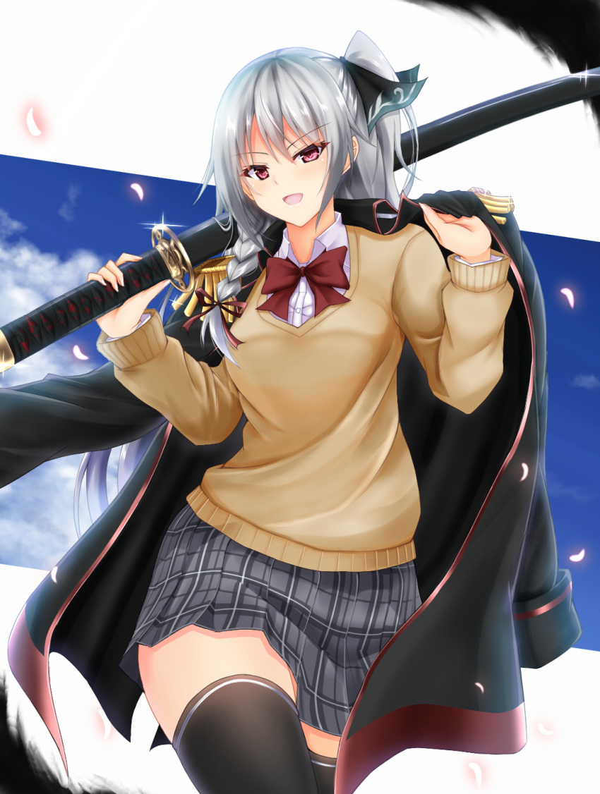 >:d, 1girl, :d, amagiri_tsukuyo, bangs, black_legwear, black_skirt, blue_sky