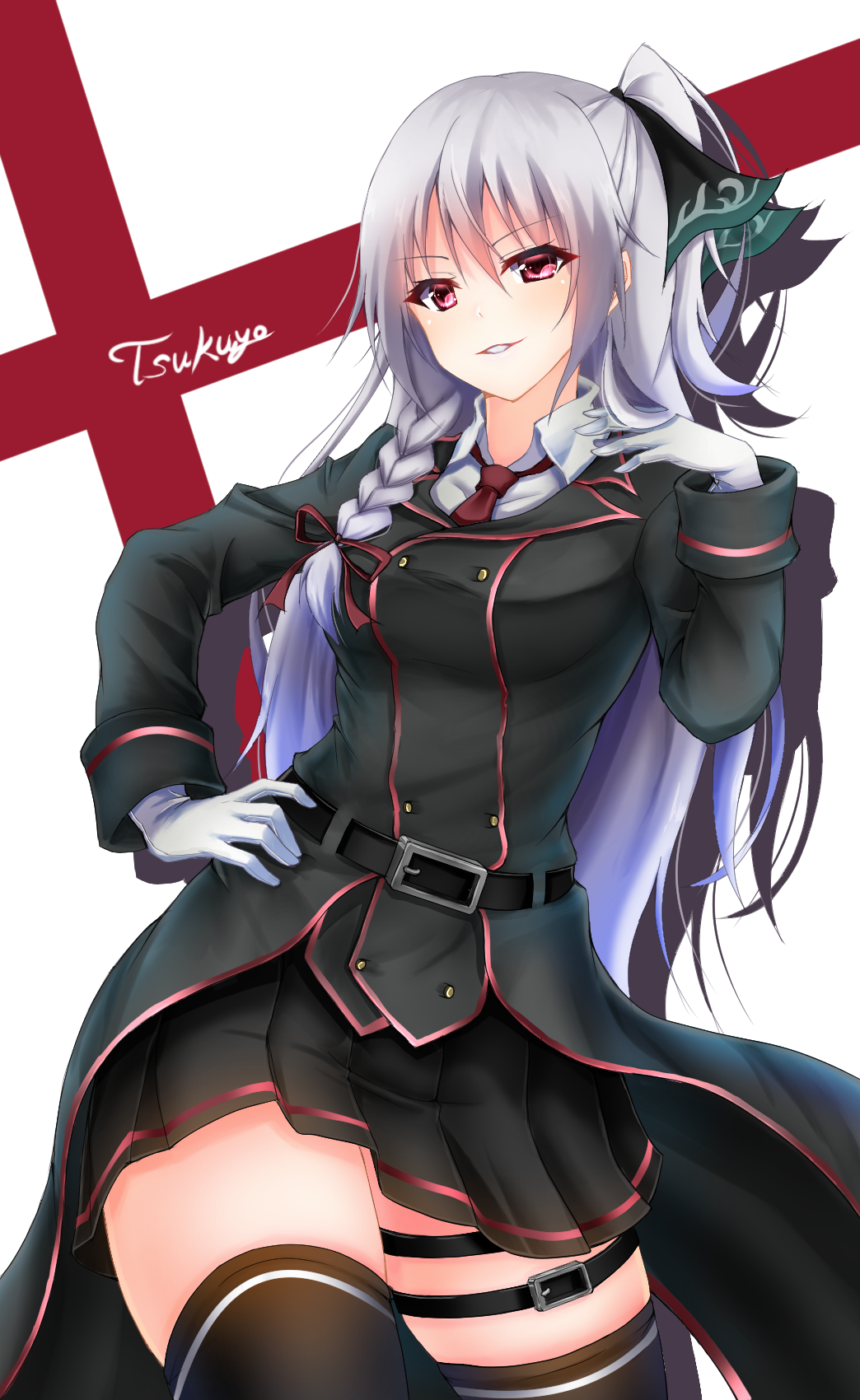1girl, amagiri_tsukuyo, bangs, belt_buckle, biting, black_belt, black_coat, black_legwear
