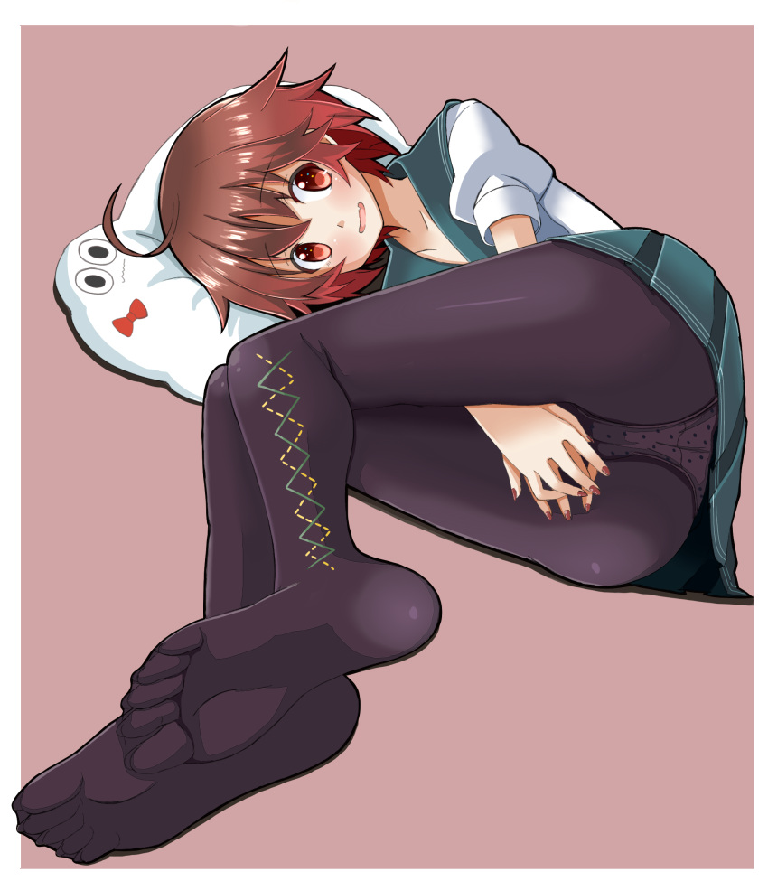 10s, 1girl, absurdres, ahoge, azumaya_(miyui001), black_legwear, brown_hair, fang, feet, full_body, gradient_hair, highres, kantai_collection, looking_at_viewer, lying, multicolored_hair, mutsuki_(kantai_collection), nail_polish, no_shoes, on_side, panties, panties_under_pantyhose, pantyhose, pillow, pleated_skirt, polka_dot, polka_dot_panties, redhead, school_uniform, serafuku, short_hair, skirt, smile, soles, solo, toenails, toes, underwear