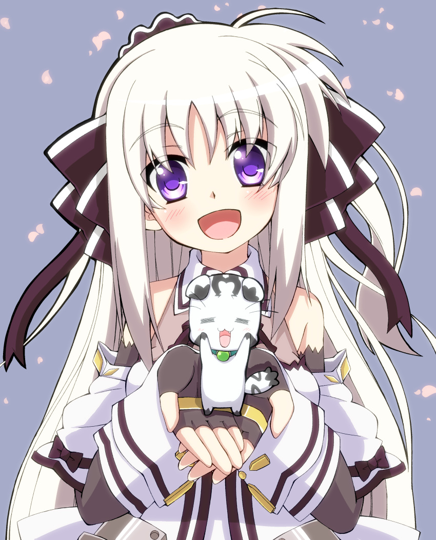 1girl, :d, absurdres, azumaya_(miyui001), bare_shoulders, black_gloves, blush, fingerless_gloves