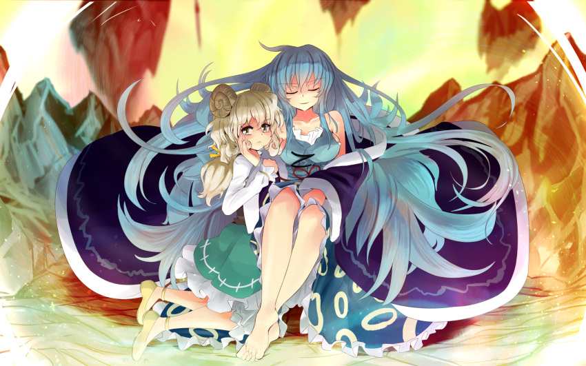 >:(, 2girls, anklet, bangs, bare_shoulders, barefoot, blue_hair, blue_skirt