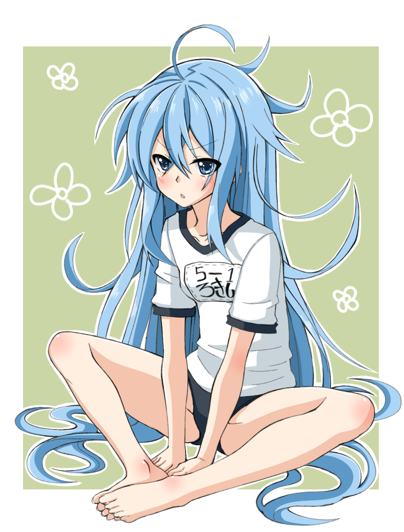 1girl, alternate_hairstyle, azumaya_(miyui001), barefoot, blue_eyes, blush, chestnut_mouth, feet