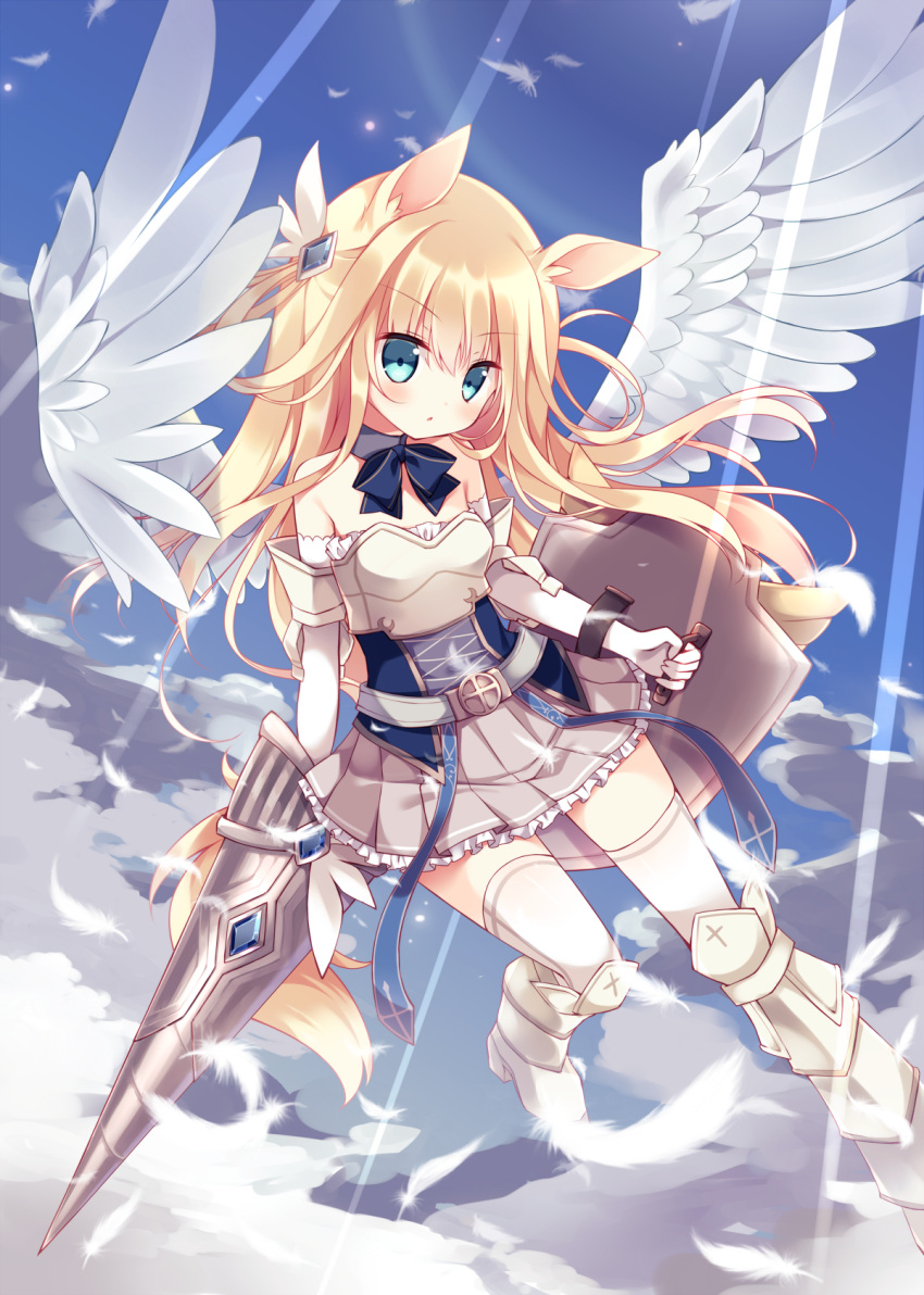 1girl, angel_wings, animal_ears, armor, armored_boots, belt, black_ribbon, blonde_hair, bluhs, boots, breastplate, choker, day, elbow_gloves, eyebrows_visible_through_hair, feathered_wings, flat_cehst, floating_hair, frilled_skirt, frills, full_body, gloves, green_eyes, grey_skirt, hair_ornament, high_heel_boots, high_heels, highres, holding, holding_weapon, hoshi_(snacherubi), lance, lens_flare, long_hair, miniskirt, original, outdoors, parted_lips, pleated_skirt, polearm, ribbon, ribbon_choker, shield, skirt, sky, solo, thigh-highs, very_long_hair, violet_eyes, weapon, white_feathers, white_gloves, white_legwear, white_wings, wings