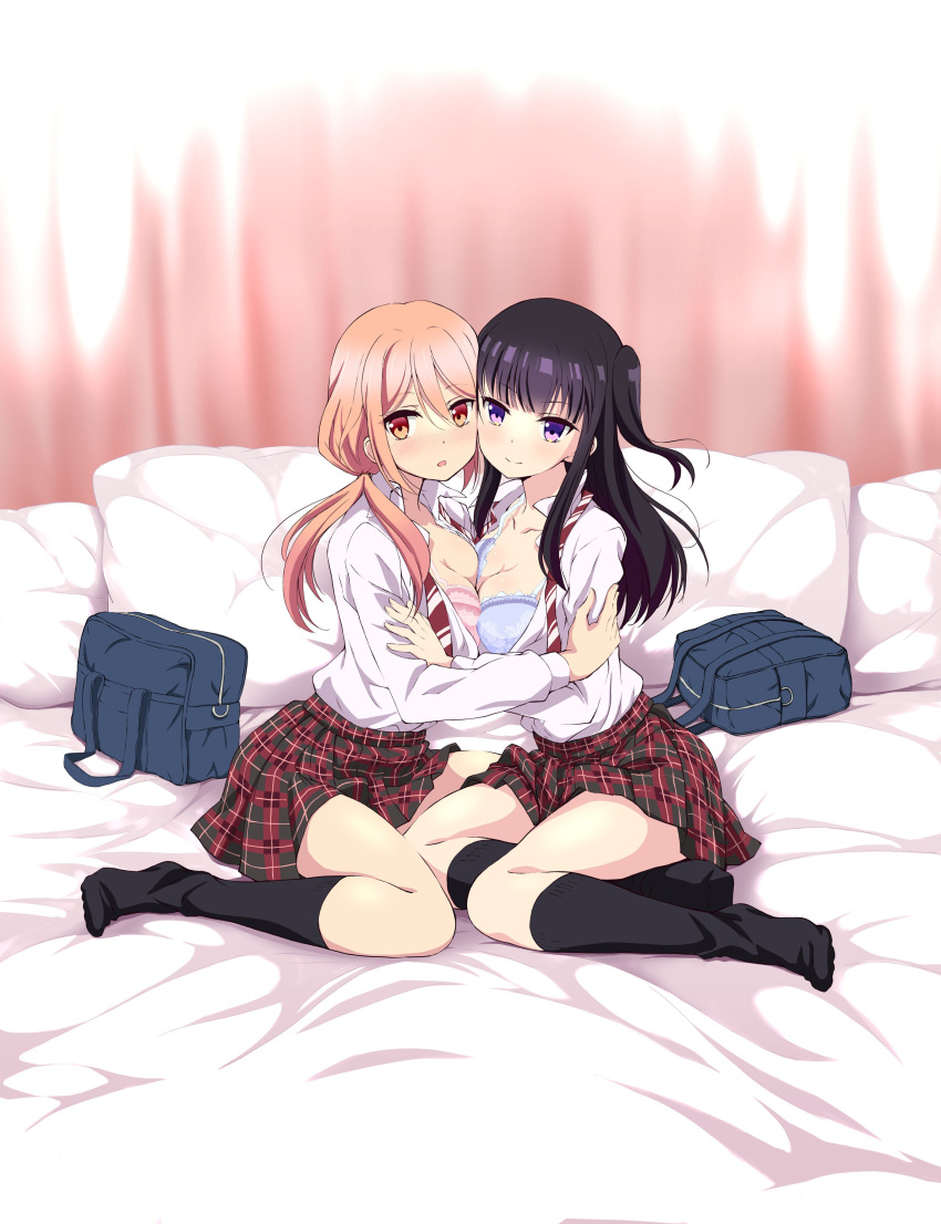 2girls, absurdres, bag, bed_sheet, black_hair, black_legwear, blue_bra, blush