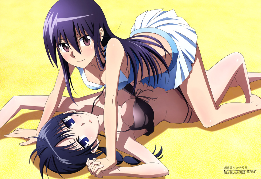 2girls, absurdres, all_fours, amakusa_shino, barefoot, bikini, bikini_skirt, black_bikini, black_hair, blue_eyes, blush, braid, breasts, brown_eyes, cleavage, collarbone, copyright_name, eyebrows_visible_through_hair, front-tie_top, hair_between_eyes, hand_holding, highres, interlocked_fingers, koga_makoto, long_hair, looking_at_viewer, lying, medium_breasts, megami, multiple_girls, navel, official_art, on_back, pleated_skirt, seitokai_yakuindomo, shiny, shiny_skin, skirt, smile, swimsuit, uomi, very_long_hair, white_bikini, yellow_background, yuri