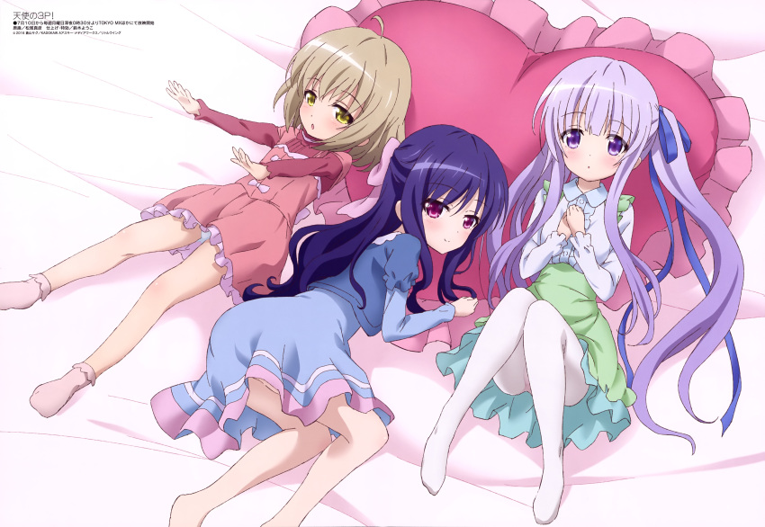 3girls, :o, absurdres, ahoge, barefoot, bed_sheet, blue_dress, blue_hair, blue_ribbon, blue_shirt, blush, bow, brown_hair, child, copyright_name, dress, dress_shirt, eyebrows_visible_through_hair, feet, flat_chest, gotou_jun, green_skirt, hair_bow, hair_ribbon, heart, heart_pillow, high-waist_skirt, highres, kaneshiro_sora, long_hair, looking_at_viewer, lying, matsuo_masahiko, megami, momijidani_nozomi, multiple_girls, no_shoes, official_art, on_back, on_side, panties, pantyhose, parted_lips, pillow, pink_bow, pink_legwear, purple_hair, ribbon, shirt, side_ponytail, skirt, socks, tenshi_no_3p!, underwear, very_long_hair, violet_eyes, white_legwear, white_panties, yellow_eyes