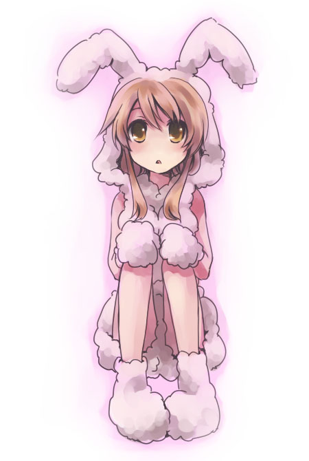 1girl, animal_costume, animal_ears, asahina_mikuru, ateru, bad_id, brown_eyes, brown_hair, bunny_costume, bunny_hood, cosplay, no_nose, open_mouth, rabbit_ears, simple_background, sitting, solo, suzumiya_haruhi_no_yuuutsu, white_background