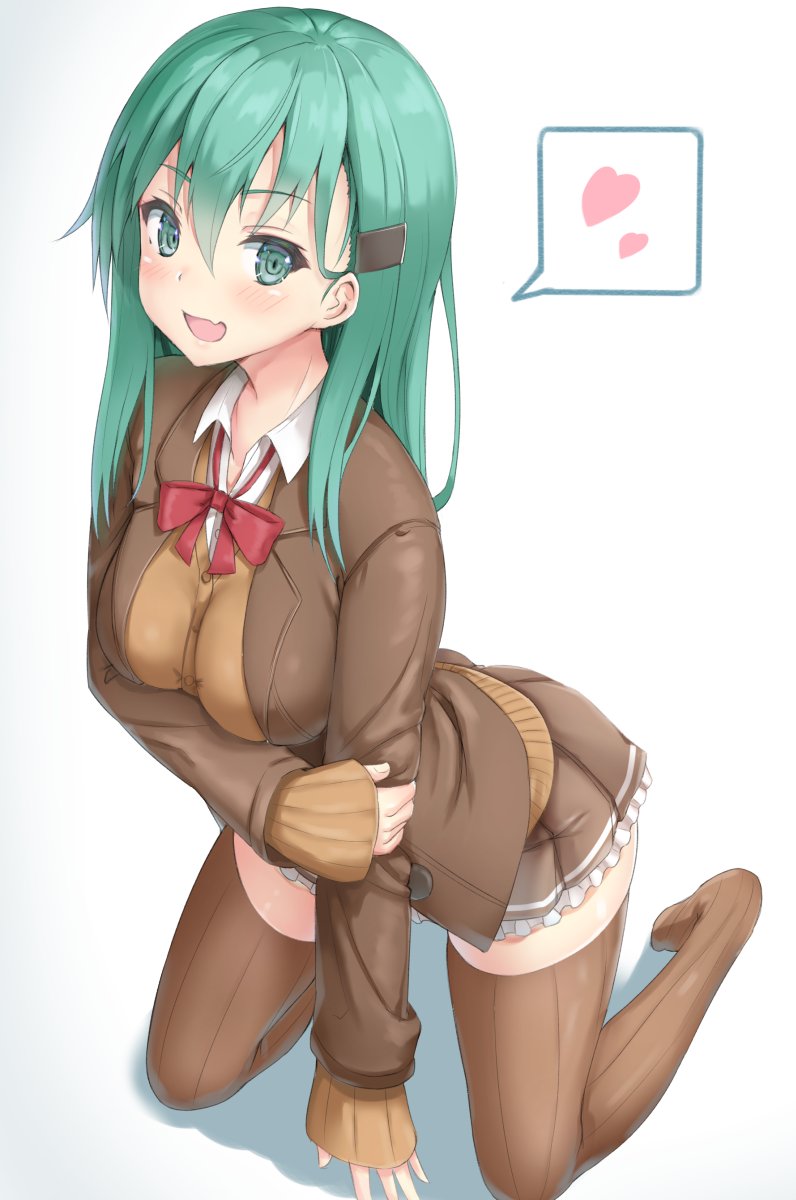 10s, 1girl, blush, bow, breasts, brown_legwear, collarbone, eyebrows_visible_through_hair
