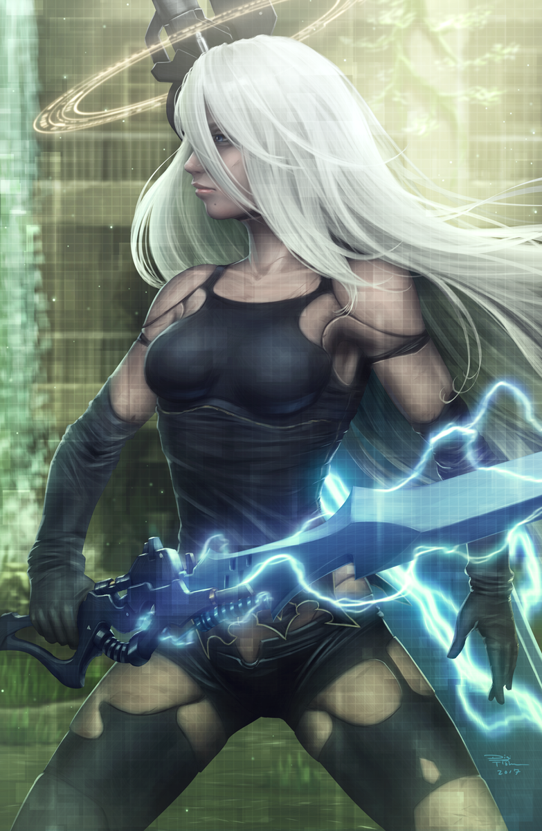 1girl, android, bare_shoulders, blue_eyes, elbow_gloves, gloves, highres, karn_kirk_ratanasin, long_hair, mole, mole_under_mouth, nier_(series), nier_automata, silver_hair, solo, white_hair, yorha_type_a_no._2