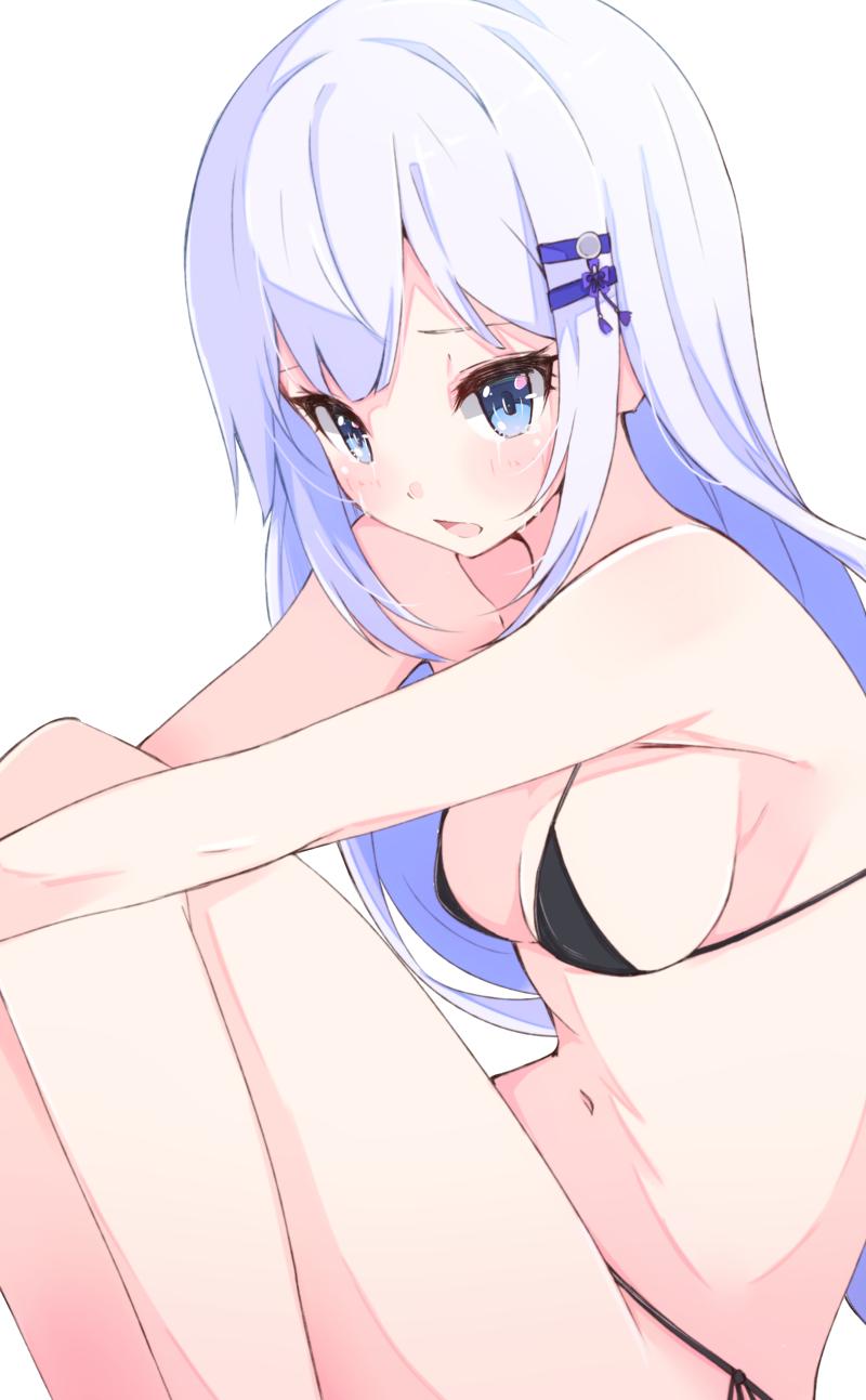 1girl, bangs, bikini, black_bikini, blue_eyes, blush, breasts, enelis, hair_ornament, hairclip, highres, idolmaster, idolmaster_million_live!, idolmaster_million_live!_theater_days, long_hair, looking_at_viewer, medium_breasts, shiraishi_tsumugi, silver_hair, solo, swimsuit, white_background