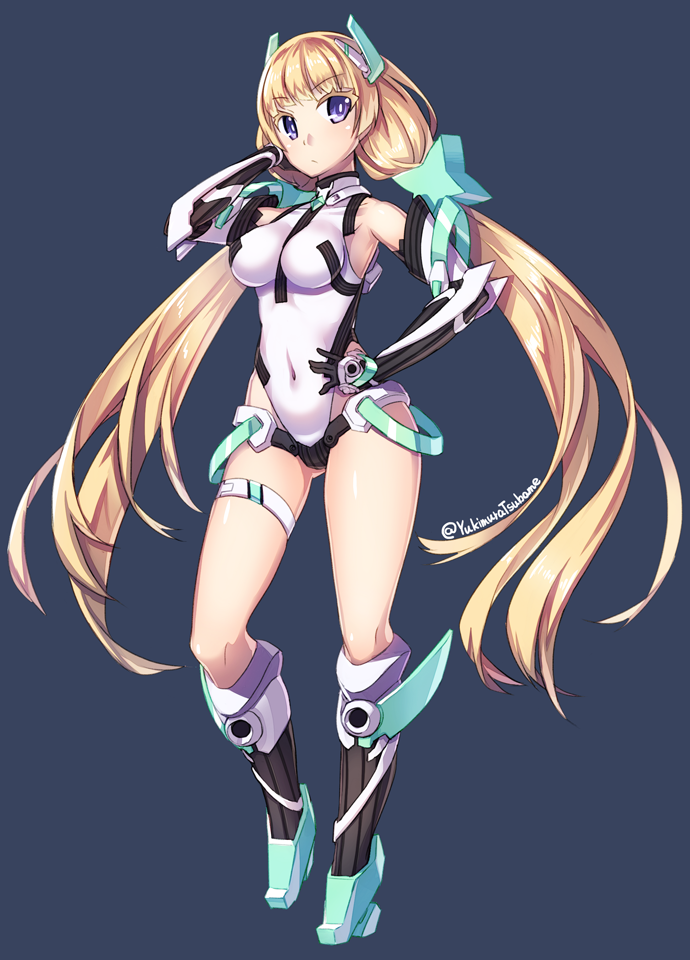 1girl, angela_balzac, bare_shoulders, blonde_hair, breasts, covered_navel, elbow_gloves, full_body