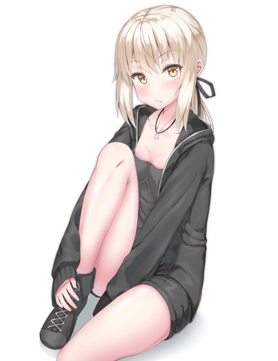 1girl, black_ribbon, blonde_hair, blush, breasts, cleavage, collarbone, eyebrows_visible_through_hair
