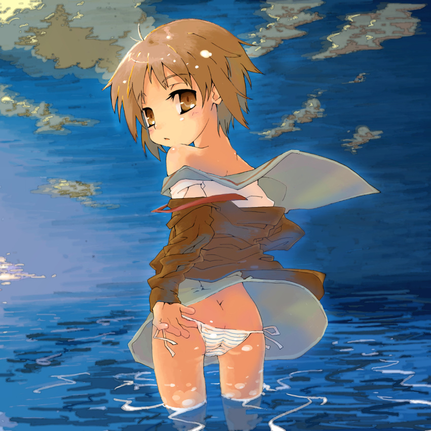 highres, kokoroke, looking_back, nagato_yuki, panties, side-tie_panties, striped, striped_panties