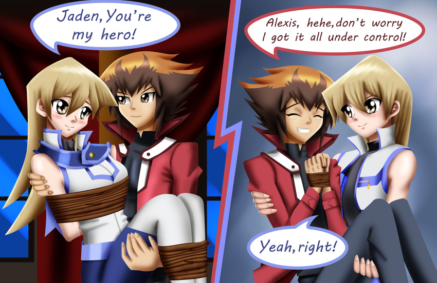 alternate_costume, alternate_outfit, arms_behind_back, blonde_hair, bound, brown_eyes, brown_hair, carry