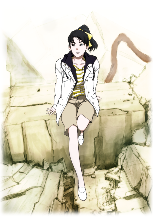1girl, godzilla_(series), miki_saegusa, ponytail, rubble, shoes