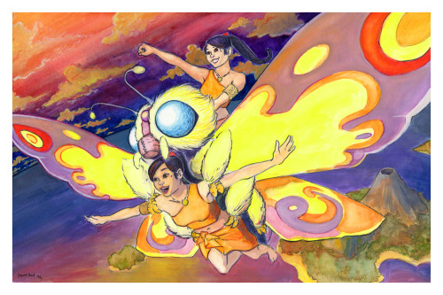 2girls, barefoot, flying, godzilla_(series), mothra, shobijin, sisters