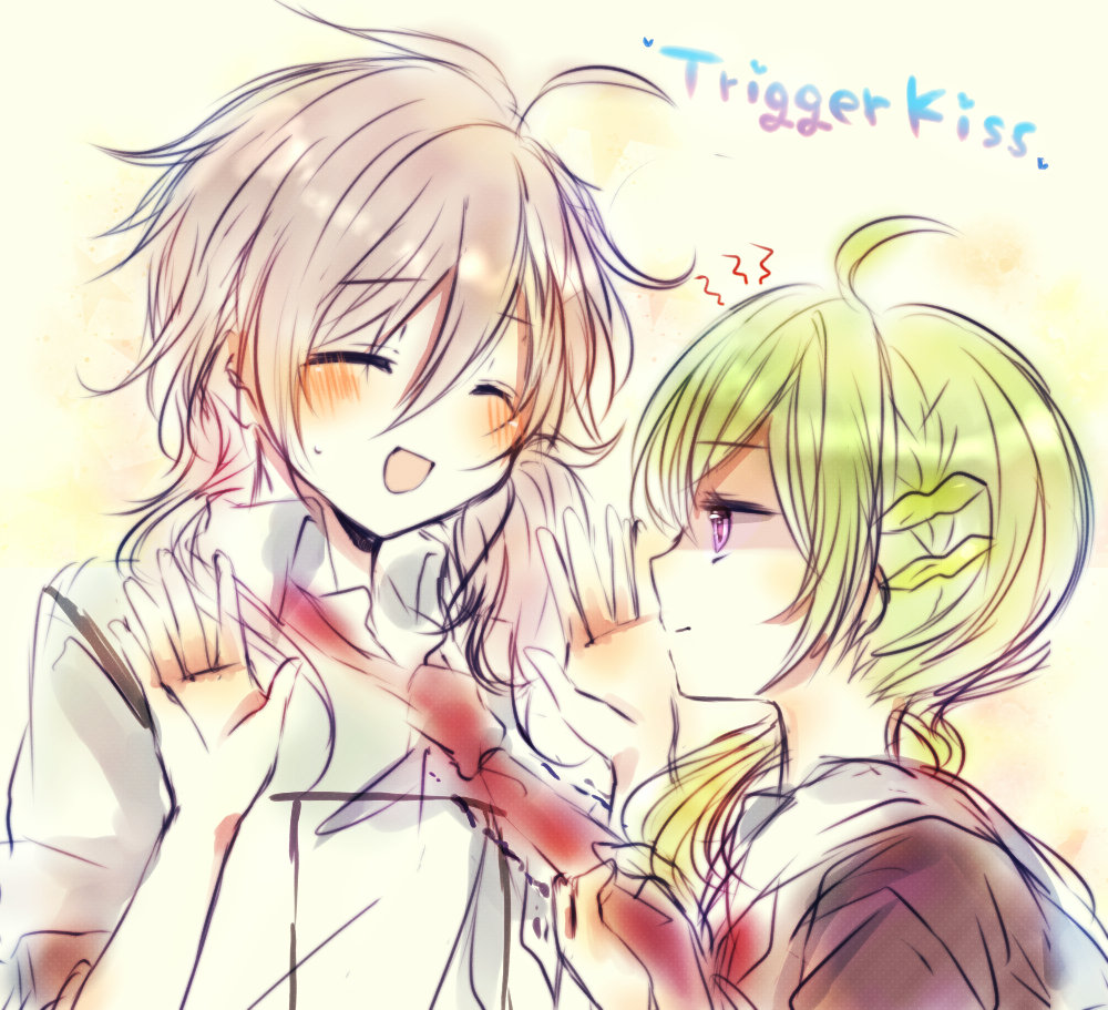 green_hair, koga_mikado, nekketsu_inou_bukatsu-tan_trigger_kiss, nnk, pink_eyes, sendou_futaba