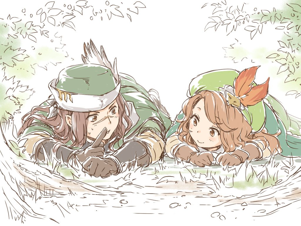 1boy, 1girl, brown_hair, eye_contact, finger_to_mouth, gloves, granblue_fantasy, hat