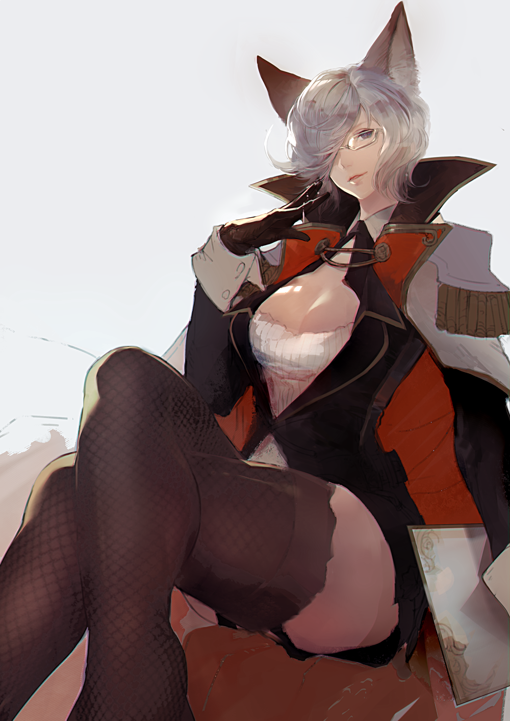 1girl, animal_ears, book, breasts, cape, cleavage, epaulettes, freesia_von_bismarck