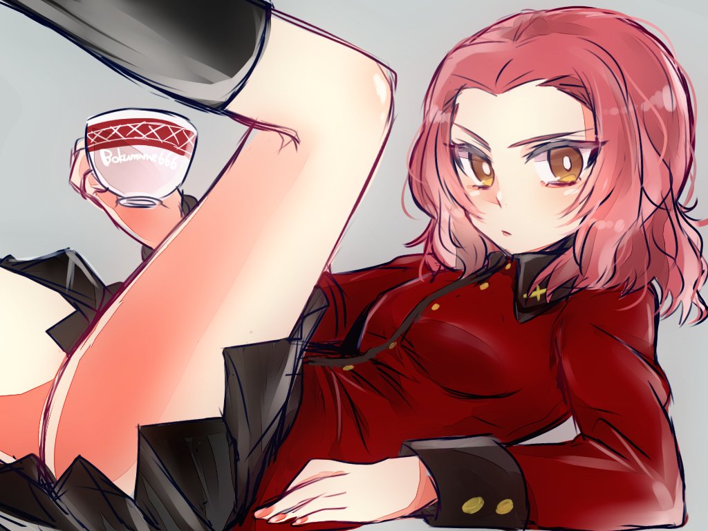 1girl, blush, cup, forehead, girls_und_panzer, grey_background, kneehighs, looking_at_viewer