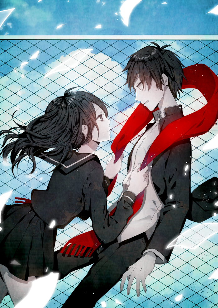 1boy, 1girl, black_hair, black_skirt, eyebrows_visible_through_hair, grey_eyes, kagerou_project, kisaragi_shintarou