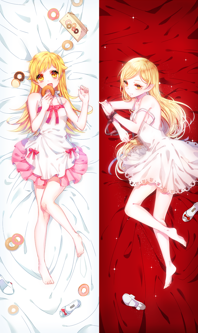 1girl, bakemonogatari, bare_shoulders, blonde_hair, blush, closed_mouth, dakimakura, doughnut