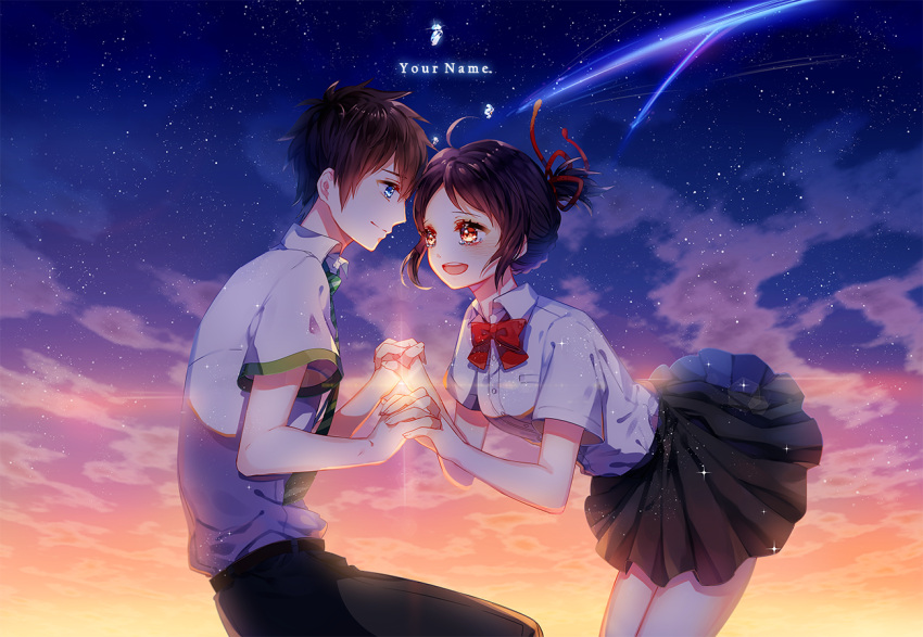 1boy, 1girl, black_hair, blue_eyes, blush, bow, closed_mouth, copyright_name