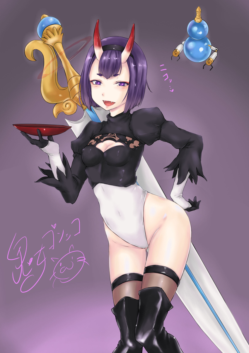 1girl, :d, absurdres, bangs, black_boots, black_dress, black_gloves, black_hairband, blush, boots, breasts, brown_legwear, cleavage, cleavage_cutout, commentary_request, contrapposto, cosplay, covered_navel, cowboy_shot, cropped_shirt, cup, dress, erect_nipples, eyebrows_visible_through_hair, fangs, gloves, gluteal_fold, groin, hairband, half-closed_eyes, hand_on_hip, highleg, highleg_leotard, highres, huge_weapon, juliet_sleeves, kijo_gonkko, legs_together, leotard, long_sleeves, looking_at_viewer, makeup, mascara, nier_(series), nier_automata, oni, oni_horns, open_mouth, pink_lips, pod_(nier_automata), pod_(nier_automata)_(cosplay), puffy_sleeves, purple_background, purple_hair, sakazuki, short_eyebrows, short_hair, shuten_douji_(fate/grand_order), signature, skirt, skirt_removed, small_breasts, smile, solo, standing, sword, thick_eyebrows, thigh-highs, thigh_boots, thigh_gap, thighhighs_under_boots, turtleneck, vambraces, violet_eyes, weapon, weapon_on_back, white_leotard, yorha_no._2_type_b, yorha_no._2_type_b_(cosplay)