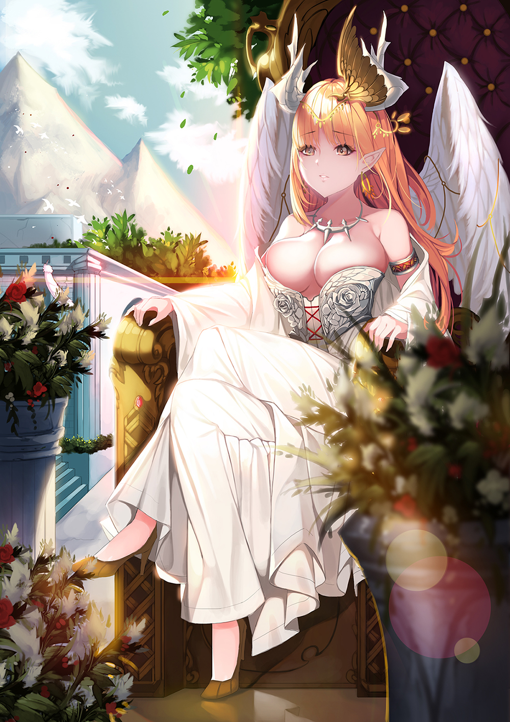 1girl, angel, angel_wings, aowltus209, armlet, bird, blurry, breasts, bush, cleavage, clouds, corset, depth_of_field, dove, earrings, eyelashes, flower, flower_request, head_wings, high_heels, highres, hoop_earrings, horns, jewelry, large_breasts, legs_crossed, lips, long_hair, mountain, orange_eyes, orange_hair, original, pointy_ears, relief, robe, rose, shoulderless, sitting, sky, solo, spiked_necklace, stairs, throne, tiara, tree, vase, wings