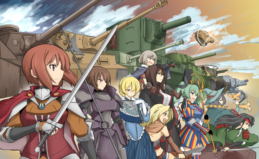 anchovy, armor, bird, black_hair, blonde_hair, brown_hair, bt-42, carro_veloce_cv-33