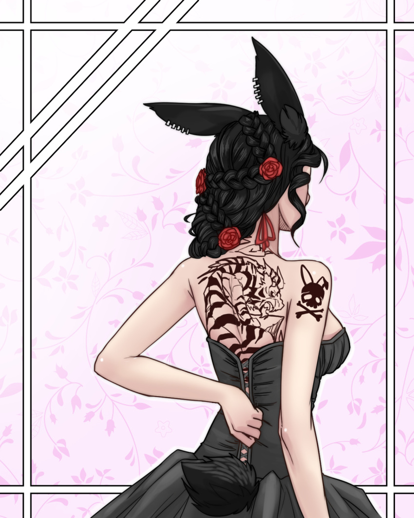 animal_ears, back_tattoo, breasts, bunny_girl, bunny_tail, corset, dress, earrings