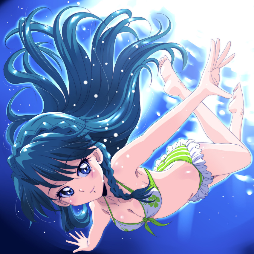 1girl, amraam120c, ass, barefoot, bikini, blue_eyes, blue_hair, braid, breasts, cleavage, feet, foreshortening, freediving, frilled_bikini, frills, front-tie_top, go!_princess_precure, green_bikini, highres, kaidou_minami, long_hair, looking_at_viewer, precure, small_breasts, smile, solo, swimsuit, underwater