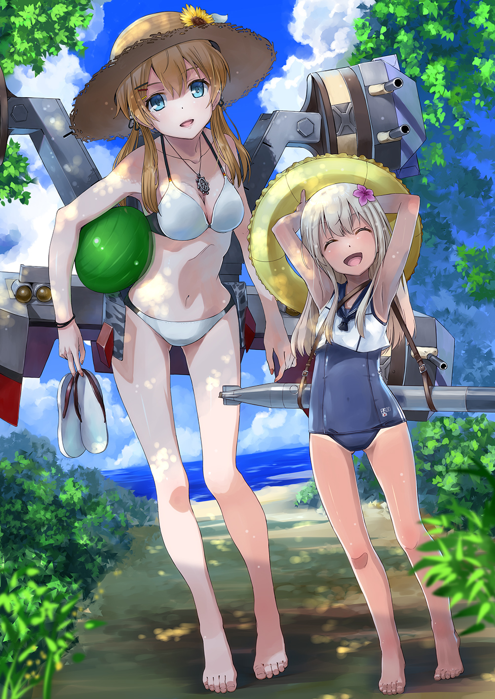 10s, 2girls, barefoot, bikini, blonde_hair, blue_eyes, feet, hat
