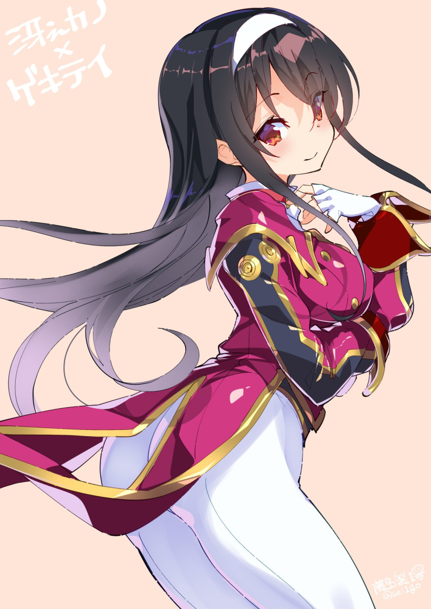 1girl, beige_background, black_hair, brown_eyes, cosplay, cowboy_shot, fingerless_gloves, fujishima-sei_ichi-gou