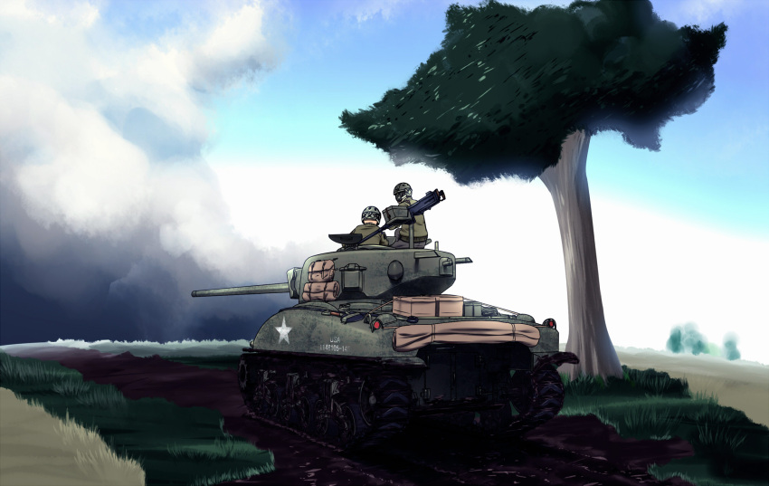 2boys, clouds, grass, ground_vehicle, gun, highres, m4_sherman, machine_gun, military, military_vehicle, motor_vehicle, mujin_teisatsuki, multiple_boys, original, sky, tank, tree, weapon